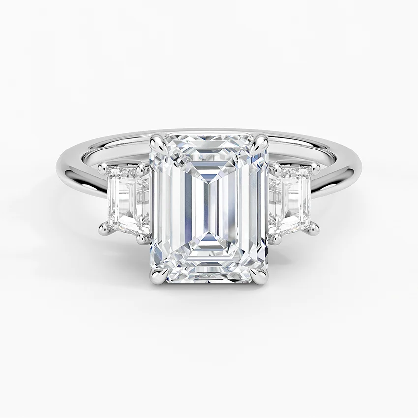 Emerald Cut Diamond Engagement Ring, Three Stone Diamond Ring, Emerald Cut Center with Side Baguettes