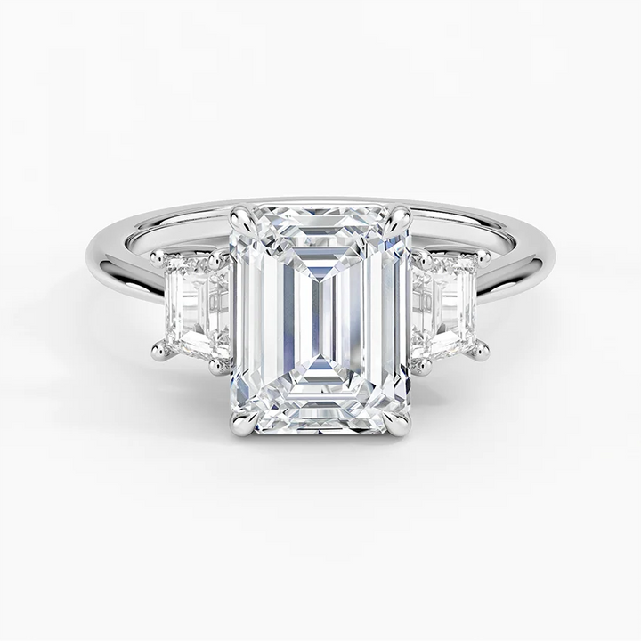 Emerald Cut Diamond Engagement Ring, Three Stone Diamond Ring, Emerald Cut Center with Side Baguettes
