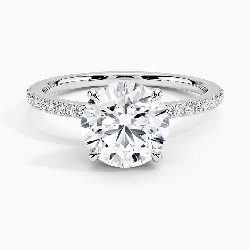Round Cut Solitaire Diamond Engagement Ring, Pave Band Ring, 4 Prong Classic Ring