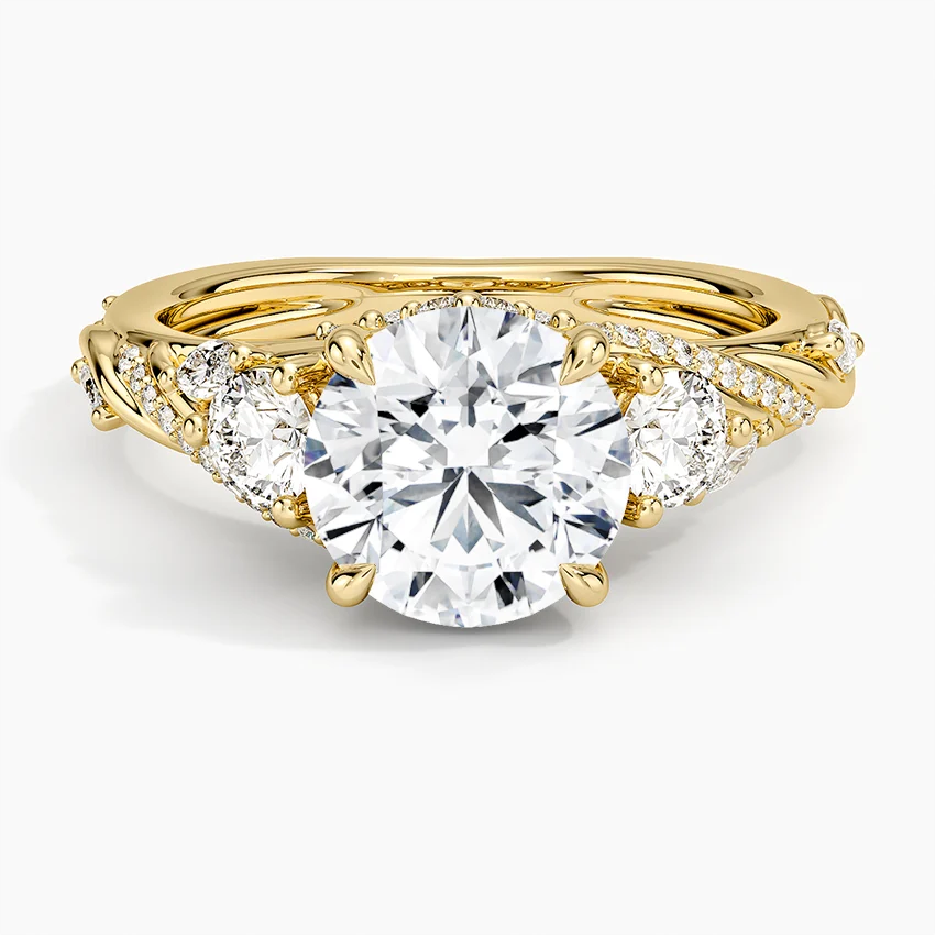 Round Brilliant Cut Diamond Engagement Ring, Twisted Vine Three Stone Ring, Floral Side Diamond Ring