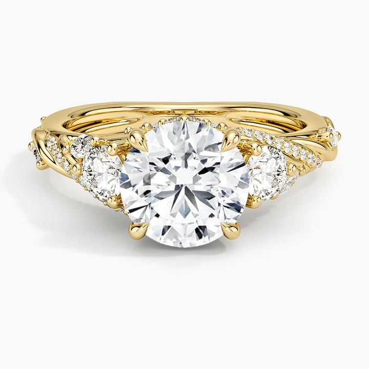 Round Brilliant Cut Diamond Engagement Ring, Twisted Vine Three Stone Ring, Floral Side Diamond Ring