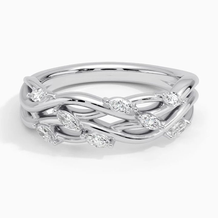Marquise Diamond Twist Ring, Leaf Vine Gold Ring, Stackable Diamond Band