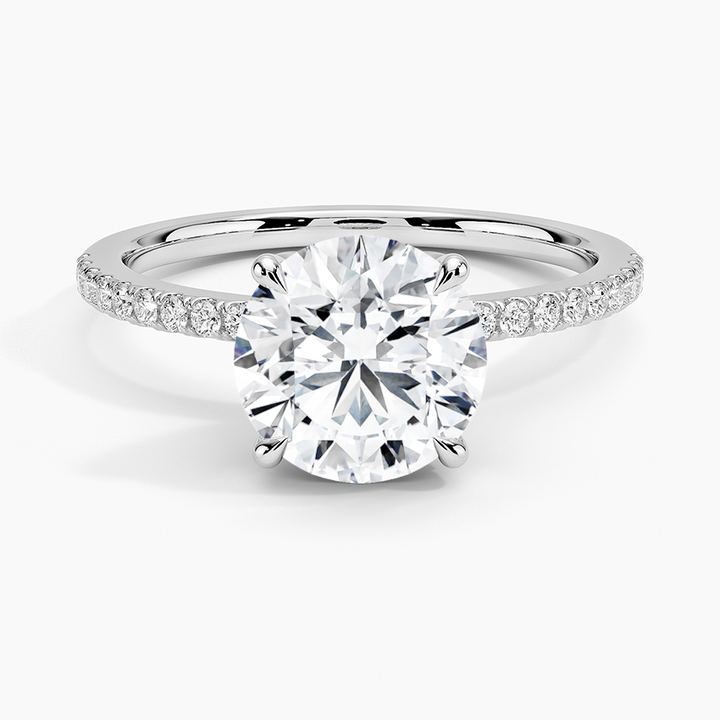 Round Cut Moissanite Engagement Ring, Hidden Halo Solitaire Ring, Pave Diamond Band