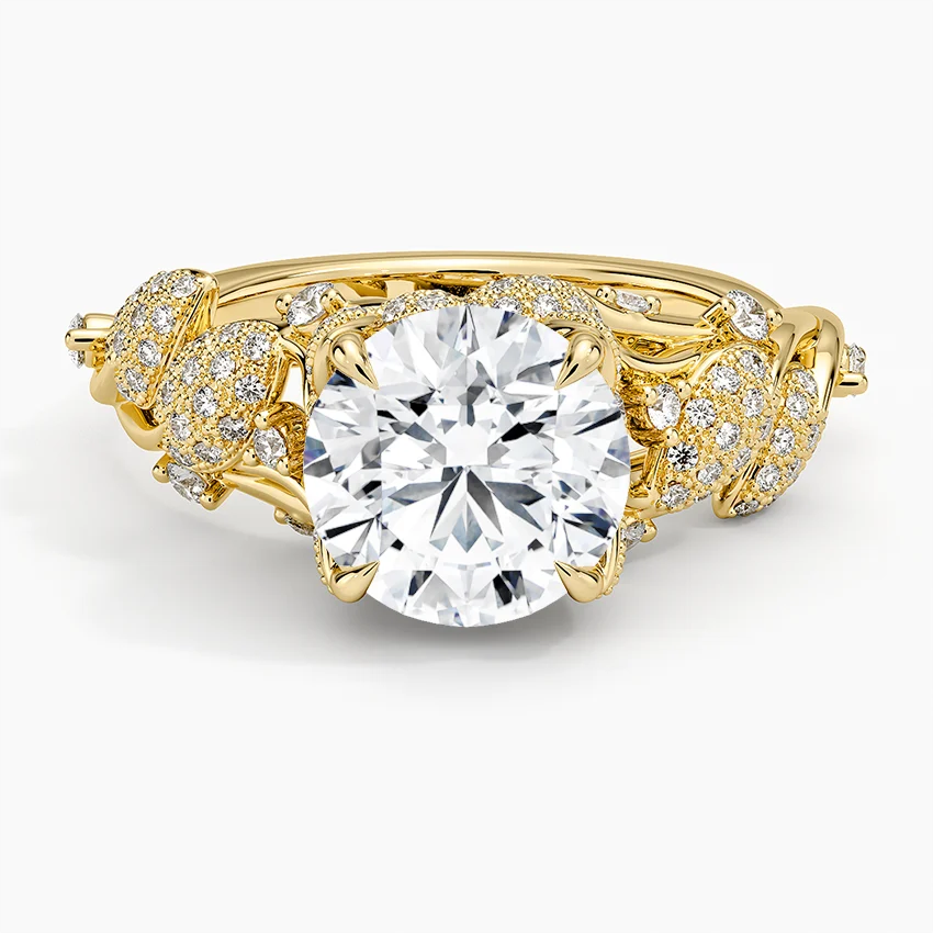 Vintage Floral Diamond Engagement Ring, Round Cut Center Stone, Leaf Inspired Pave Band