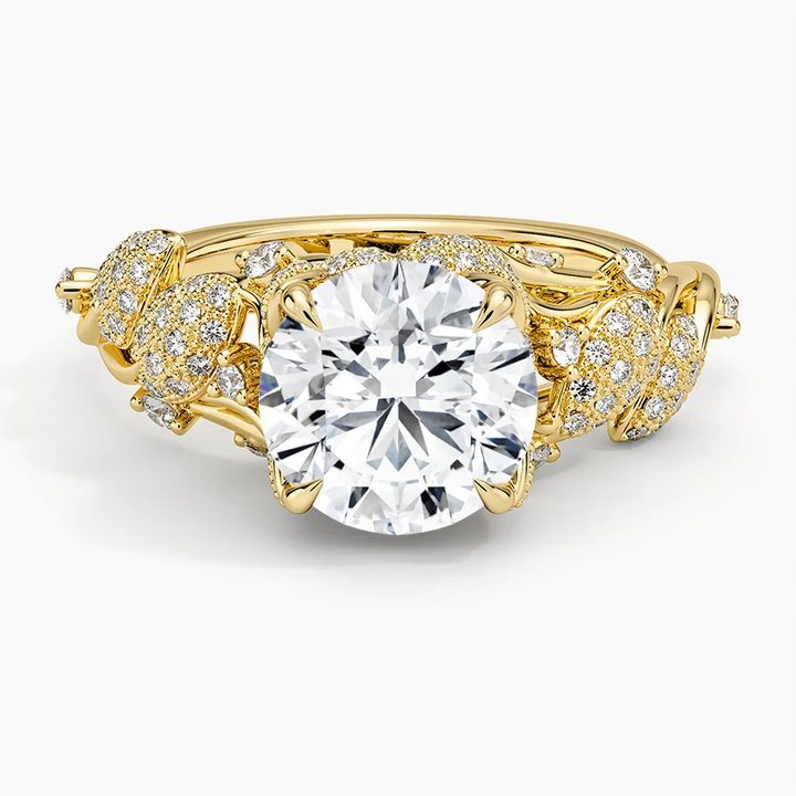 Vintage Floral Diamond Engagement Ring, Round Cut Center Stone, Leaf Inspired Pave Band