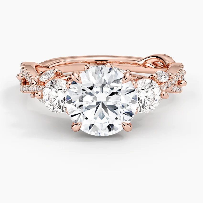 Twisted Vine Three Stone Diamond Engagement Ring, Round Cut Center with Side Diamonds