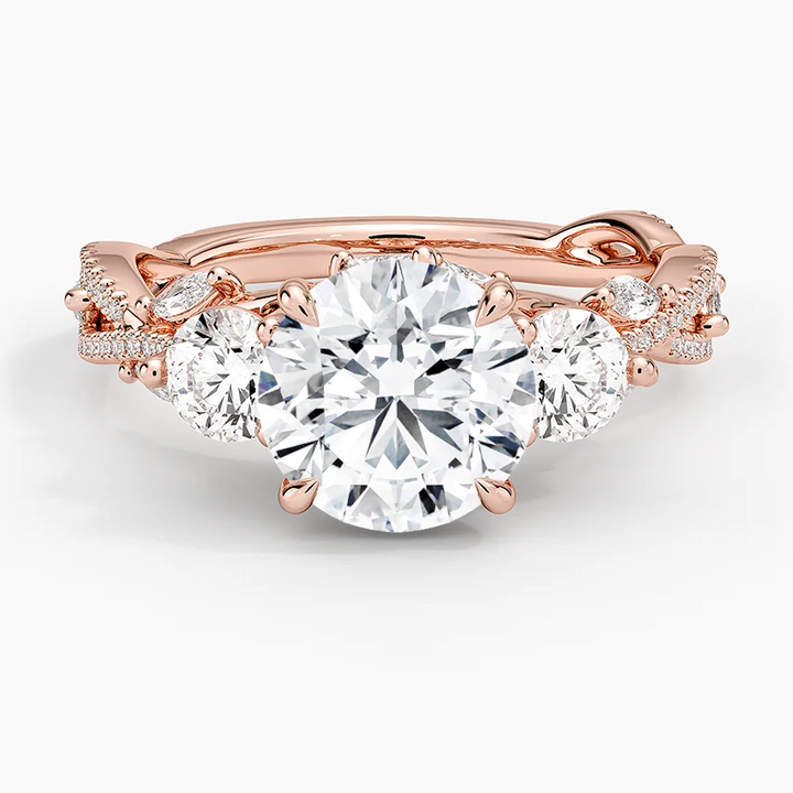 Twisted Vine Three Stone Diamond Engagement Ring, Round Cut Center with Side Diamonds