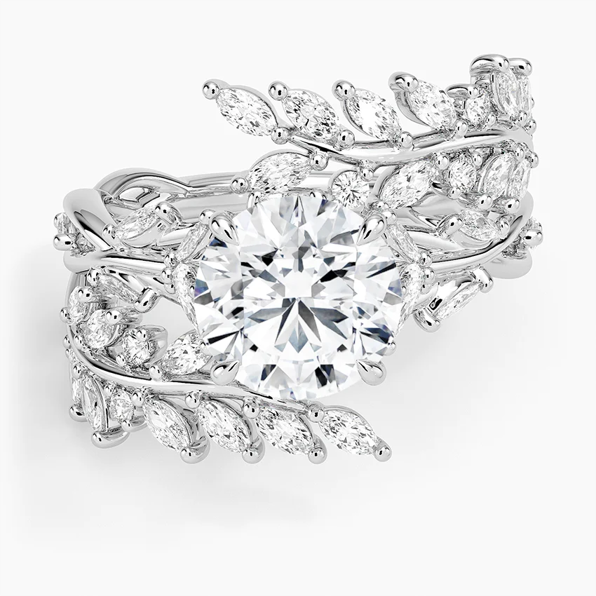 Nature-Inspired Leaf Moissanite Engagement Ring, Round Cut Center Stone with Marquise Diamond Vine Band