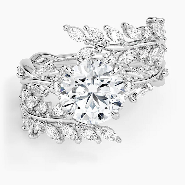 Nature-Inspired Leaf Moissanite Engagement Ring, Round Cut Center Stone with Marquise Diamond Vine Band