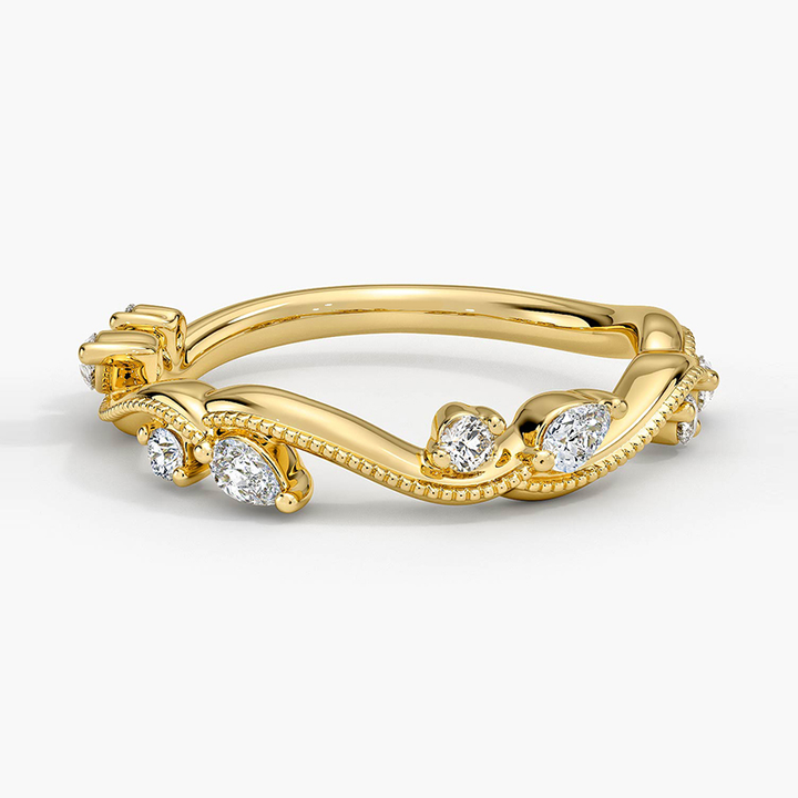 Curved Diamond Wedding Band, Marquise & Round Diamond Ring, Stackable Anniversary Ring