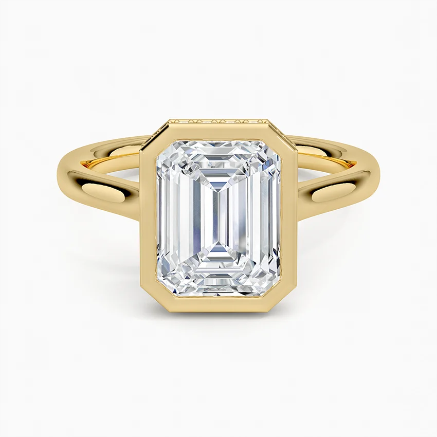 Emerald Cut Diamond Engagement Ring in Bezel Setting, Hidden Halo Split Shank Ring, Minimalist Luxury Ring