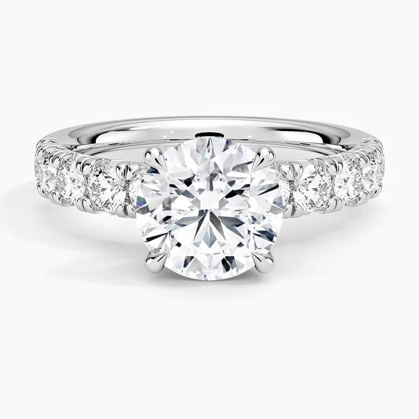 Round Cut Moissanite Engagement Ring, Diamond Pave Band Ring, Hidden Halo Style Bridal Ring
