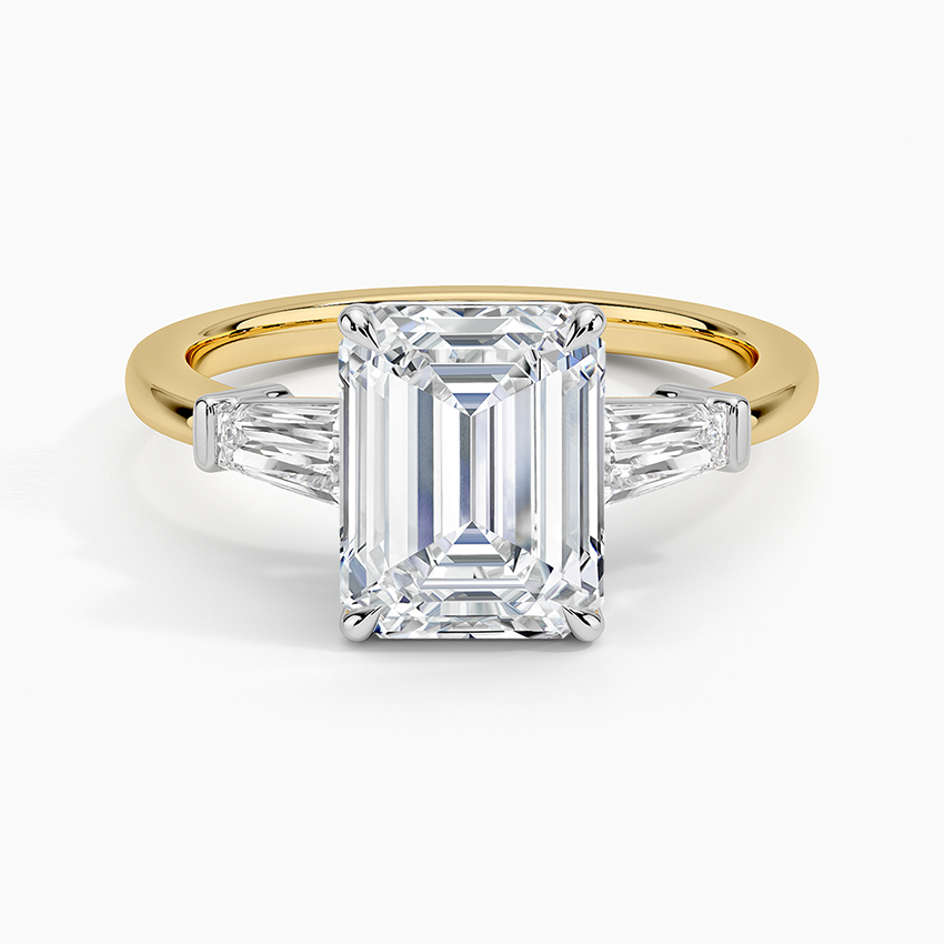Emerald Cut Diamond Engagement Ring with Trapezoid Side Stones, Two Tone Gold Solitaire Ring