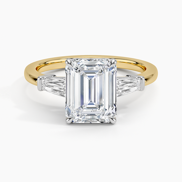 Emerald Cut Diamond Engagement Ring with Trapezoid Side Stones, Two Tone Gold Solitaire Ring