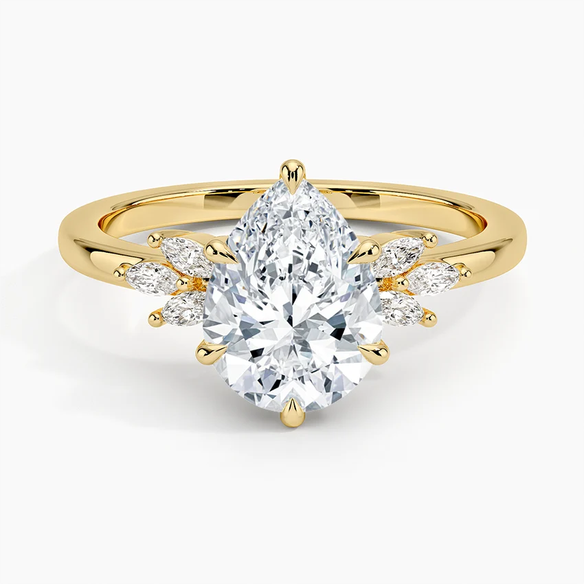 Oval Cut Diamond Engagement Ring with Marquise Side Stones, Solid Gold Promise Ring, Unique Leaf Cluster Bridal Ring