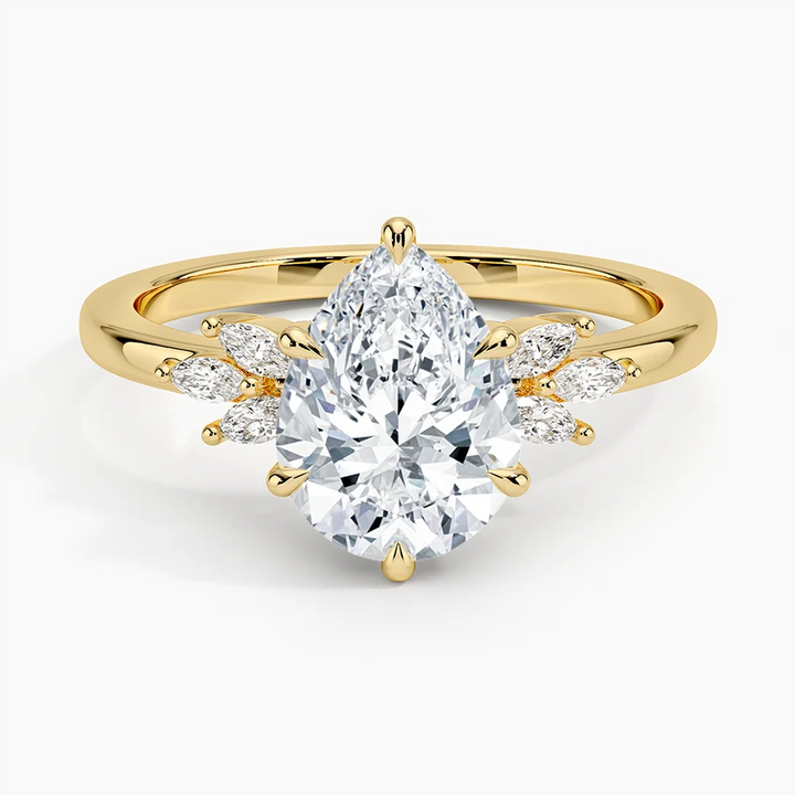 Oval Cut Diamond Engagement Ring with Marquise Side Stones, Solid Gold Promise Ring, Unique Leaf Cluster Bridal Ring