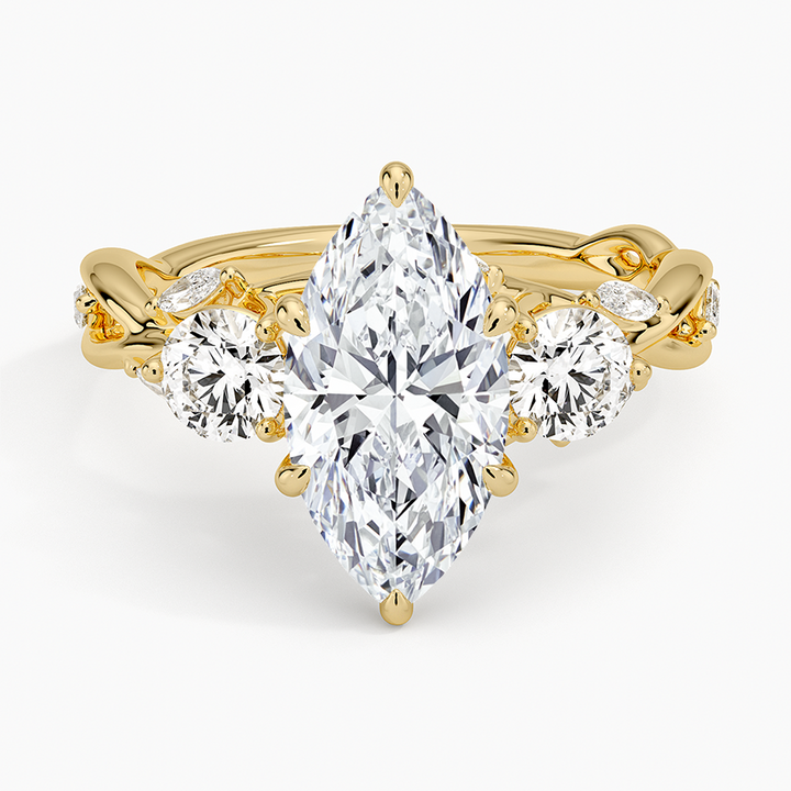 Marquise Cut Diamond Engagement Ring, 3 Stone Vine Style Ring, Unique Bridal Ring