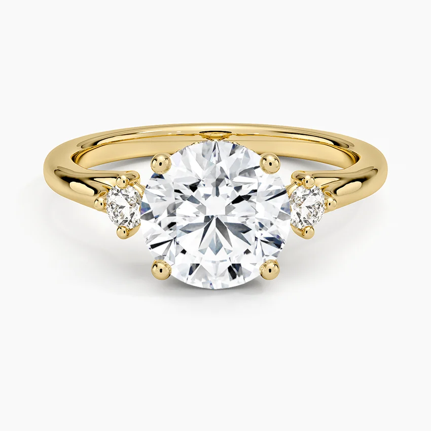 Round Cut Diamond Three Stone Engagement Ring, Solid Gold, Minimalist Side, Stone Ring
