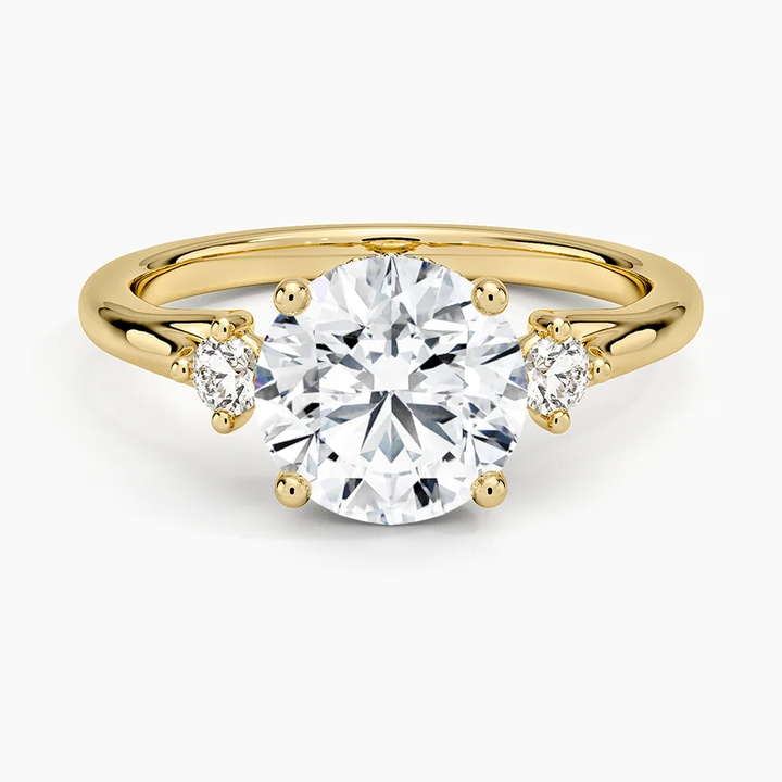 Round Cut Diamond Three Stone Engagement Ring, Solid Gold, Minimalist Side, Stone Ring