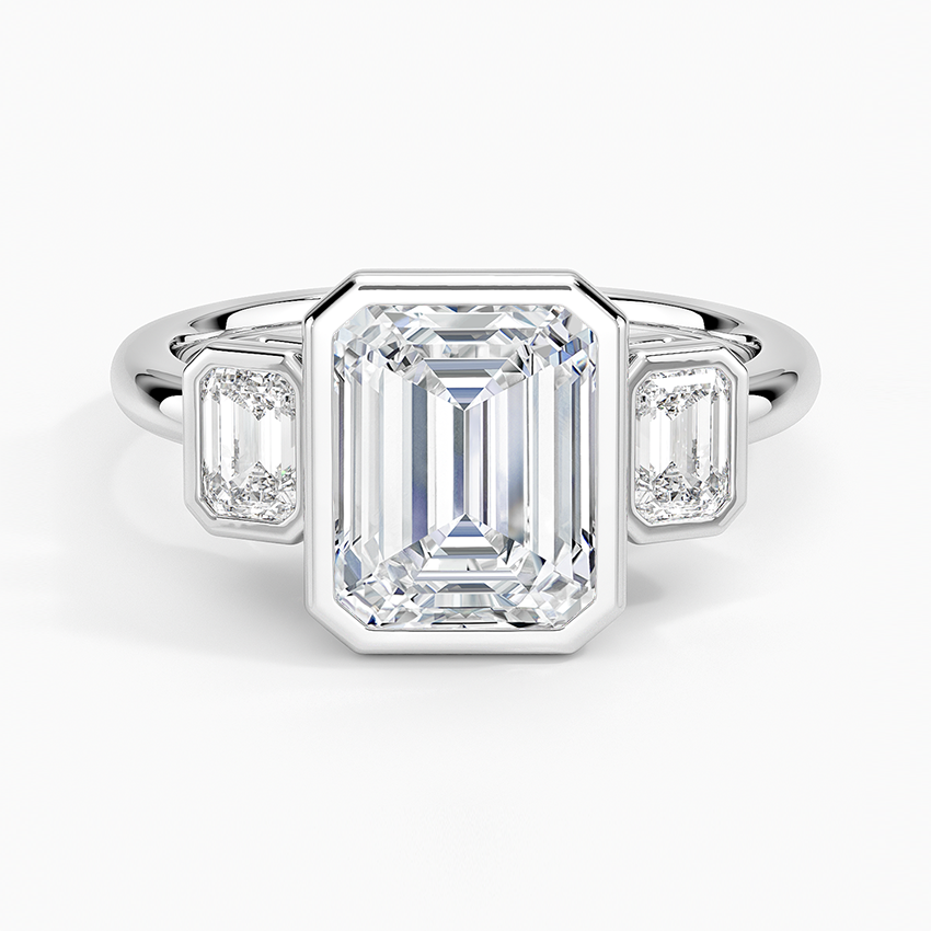 Emerald Cut Diamond Engagement Ring, Bezel Set Three Stone Ring, Step Cut Side Stones