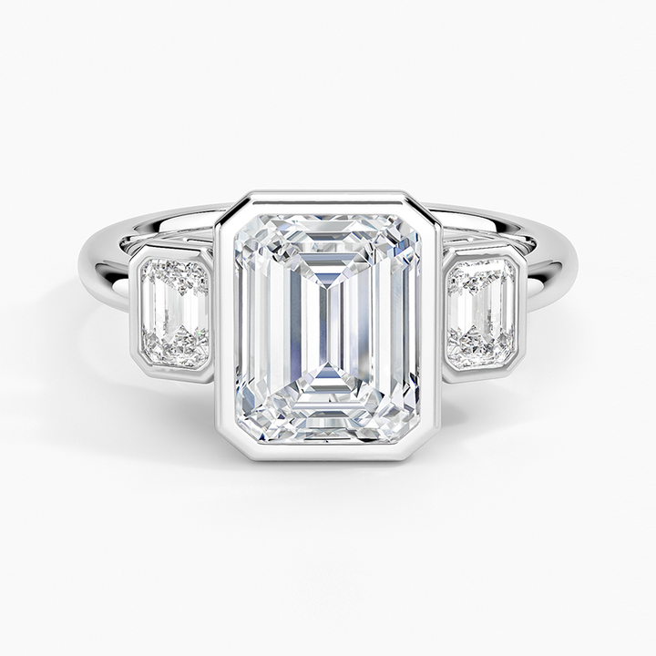 Emerald Cut Diamond Engagement Ring, Bezel Set Three Stone Ring, Step Cut Side Stones