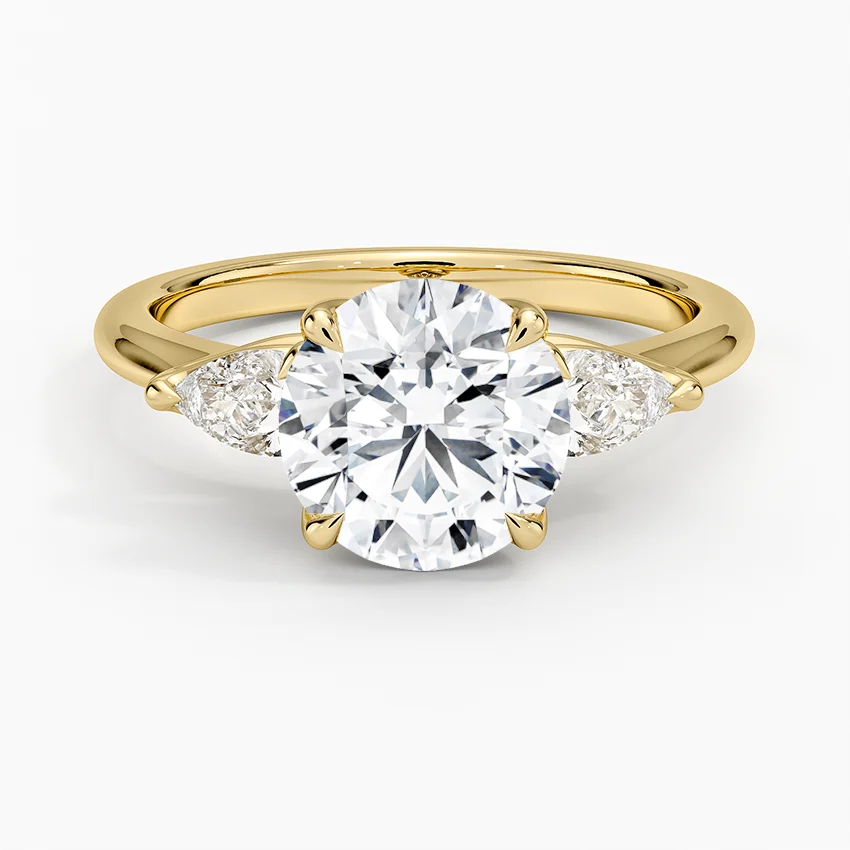 Round Cut Diamond Engagement Ring with Marquise Side Stones, Three Stone Bridal Ring