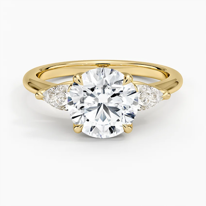 Round Cut Diamond Engagement Ring with Marquise Side Stones, Three Stone Bridal Ring