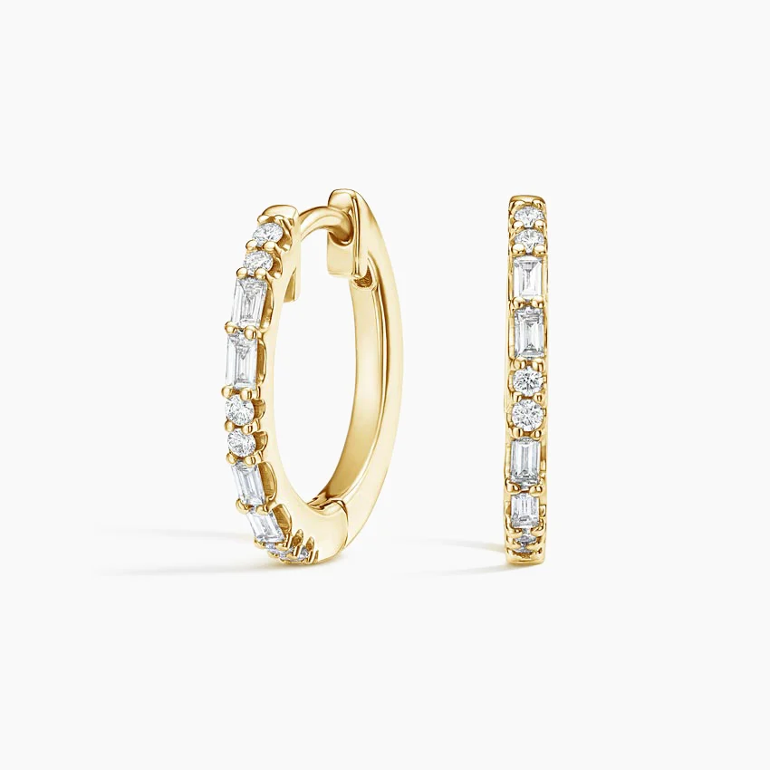 Diamond Baguette Huggie Earrings, Hoop Earrings, Minimalist Diamond Hoops