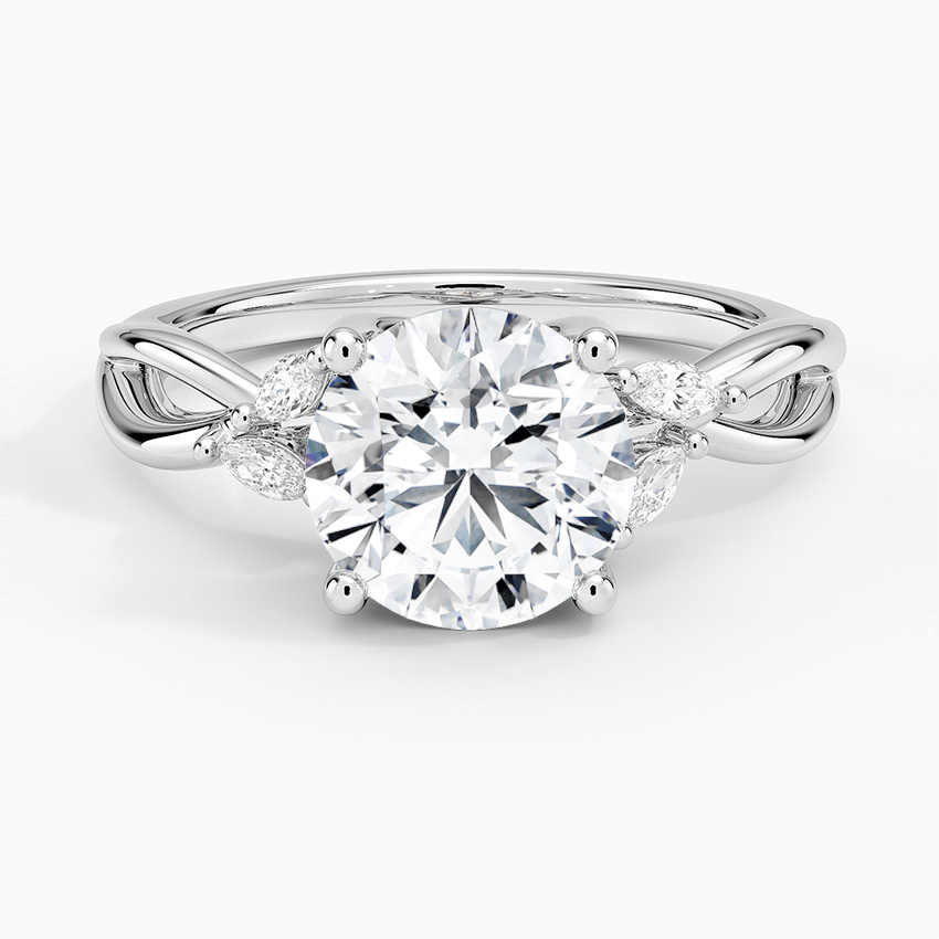 Round Cut Moissanite Engagement Ring, Infinity Twist Band Ring, Marquise Side Stone Ring, Solid Gold Promise Ring for Women