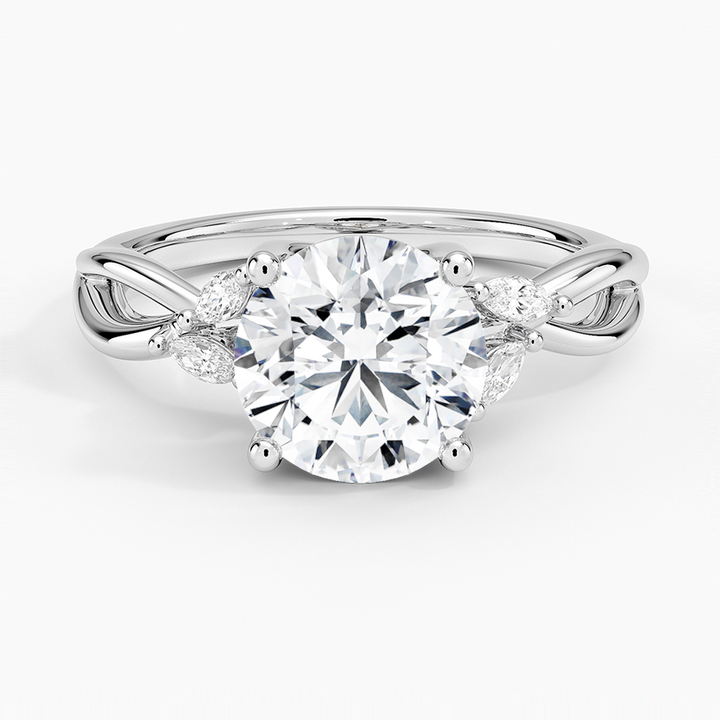 Round Cut Moissanite Engagement Ring, Infinity Twist Band Ring, Marquise Side Stone Ring, Solid Gold Promise Ring for Women