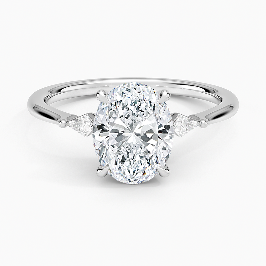 Oval Cut Diamond Engagement Ring with Trillion Side Stones, 3 Stone Diamond Ring, Minimalist Bridal Ring