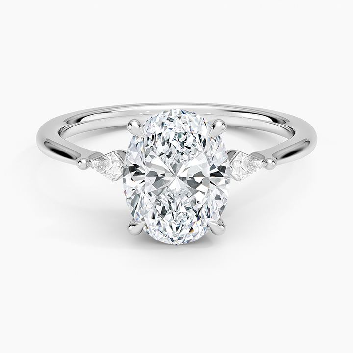 Oval Cut Diamond Engagement Ring with Trillion Side Stones, 3 Stone Diamond Ring, Minimalist Bridal Ring