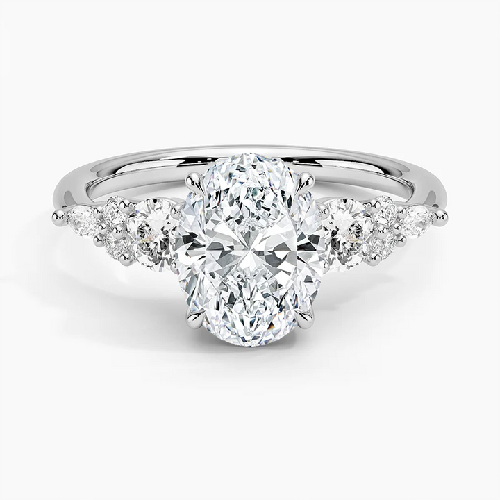 Oval Cut Moissanite Engagement Ring with Side Stones, 3 Stone Diamond Ring in 14K/18K Gold, Rose Gold & White Gold, Vintage Inspired Bridal Ring