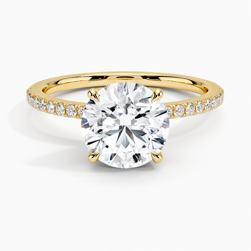Round Cut Solitaire Diamond Engagement Ring, Pave Band Ring, 4 Prong Classic Ring