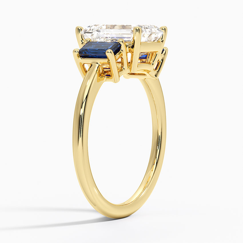 Emerald Cut Diamond Three Stone Ring with Blue Sapphire Side Stones, Vintage Style Engagement Ring, Anniversary Gift