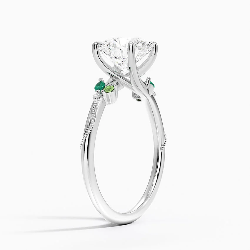 Round Cut Moissanite Engagement Ring with Green Accent Stones, Nature Inspired Leaf Design Ring, Promise Ring for Women