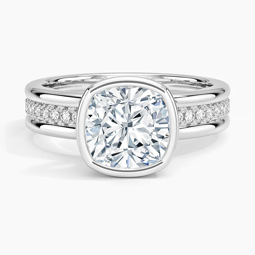Cushion Cut Bezel Set Diamond Engagement Ring, Split Shank Pavé Band, Minimalist Luxury Solitaire Ring