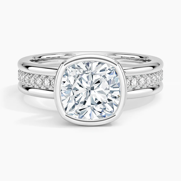Cushion Cut Bezel Set Diamond Engagement Ring, Split Shank Pavé Band, Minimalist Luxury Solitaire Ring