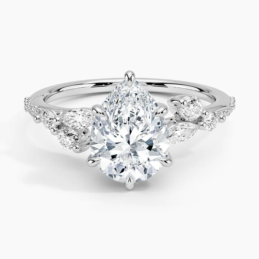 Pear Cut Moissanite Engagement Ring, Leaf Diamond Side Stone Ring, Solid Gold Promise Ring