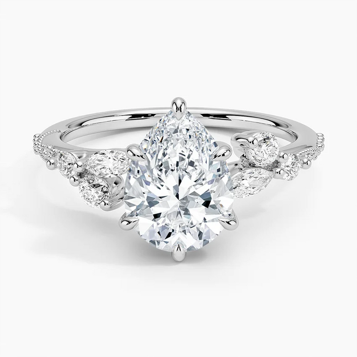 Pear Cut Moissanite Engagement Ring, Leaf Diamond Side Stone Ring, Solid Gold Promise Ring