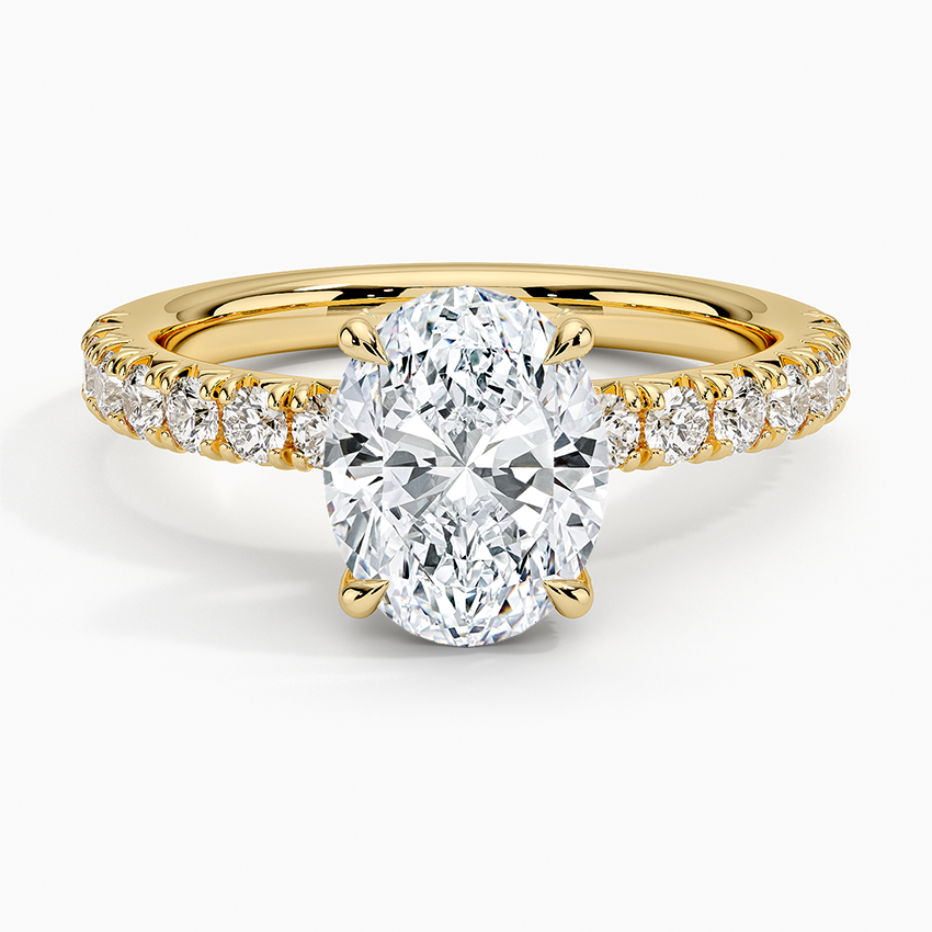 Oval Cut Moissanite Engagement Ring, Hidden Halo Diamond Ring, Pave Band Bridal Ring