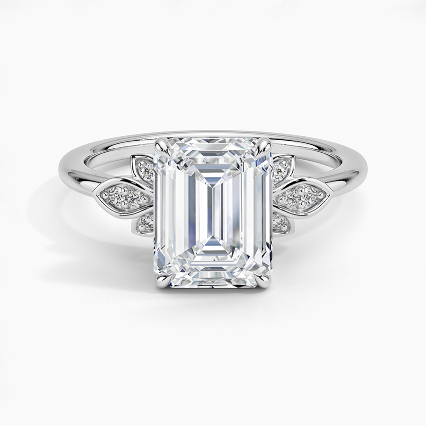 Emerald Cut Moissanite Engagement Ring with Leaf Accent, Nature Inspired Floral Ring