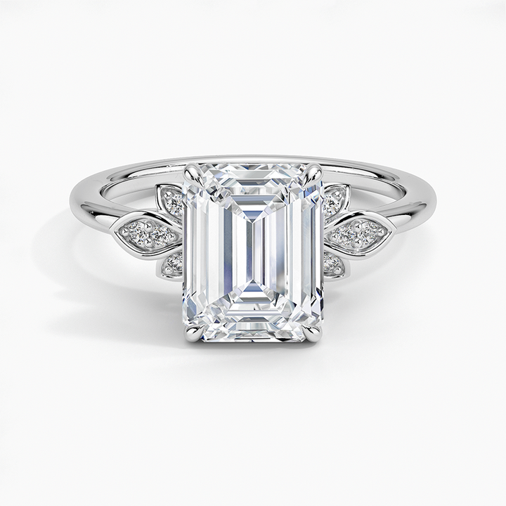 Emerald Cut Moissanite Engagement Ring with Leaf Accent, Nature Inspired Floral Ring