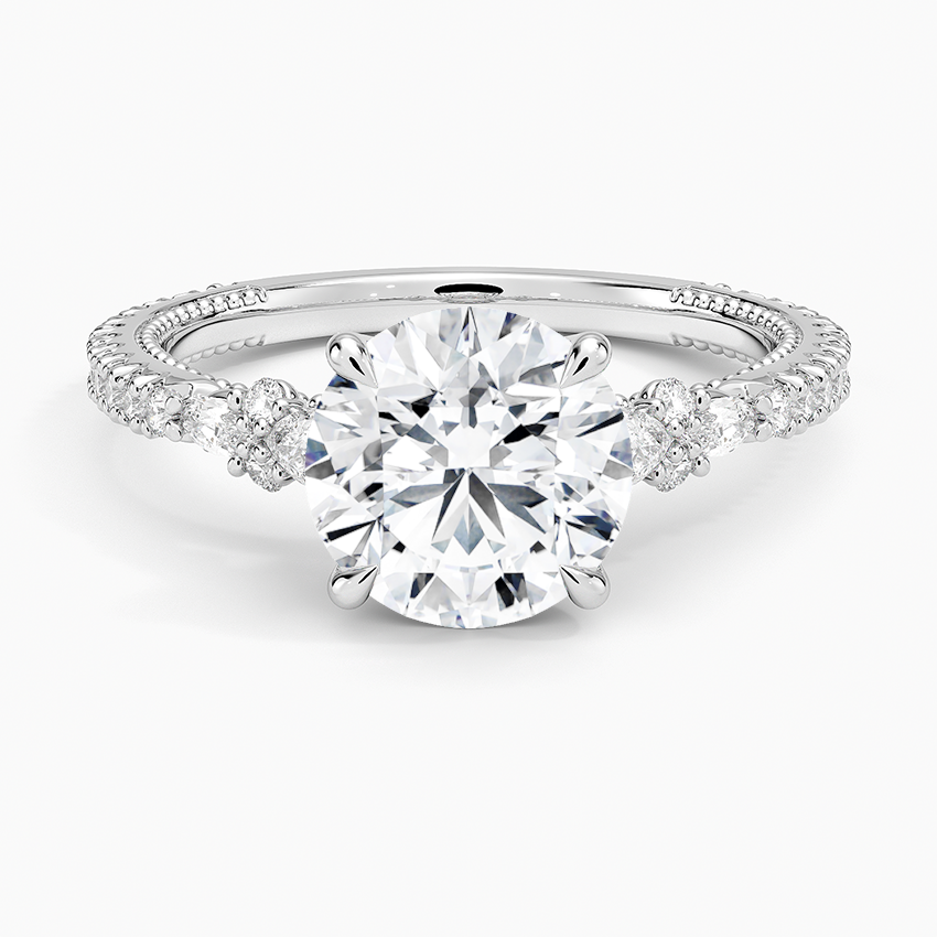 Vintage Inspired Round Cut Moissanite Engagement Ring, 3 Stone Diamond Ring, Hidden Halo Ring