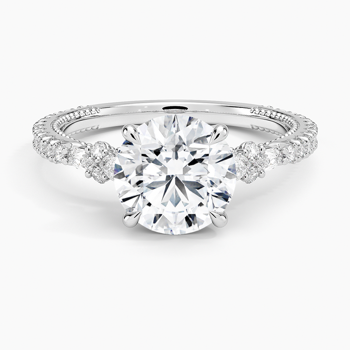 Vintage Inspired Round Cut Moissanite Engagement Ring, 3 Stone Diamond Ring, Hidden Halo Ring