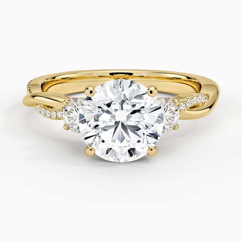 Round Cut Diamond Engagement Ring, Twisted Three Stone Ring, Pavé Band Promise Ring