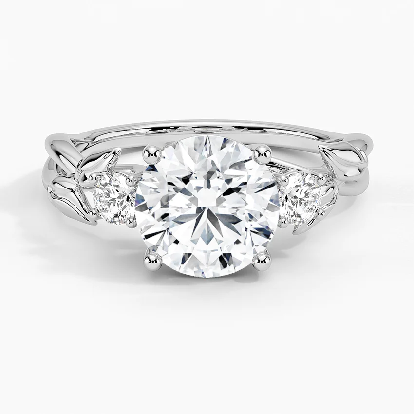 Vintage Leaf Diamond Engagement Ring, Round Cut Center Stone, Nature Inspired Bridal Ring