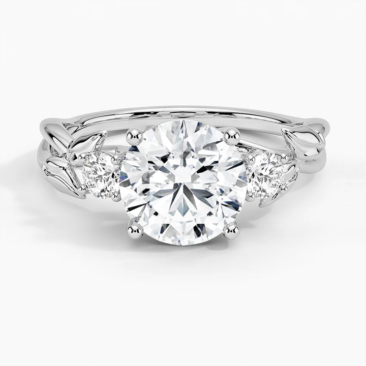 Vintage Leaf Diamond Engagement Ring, Round Cut Center Stone, Nature Inspired Bridal Ring