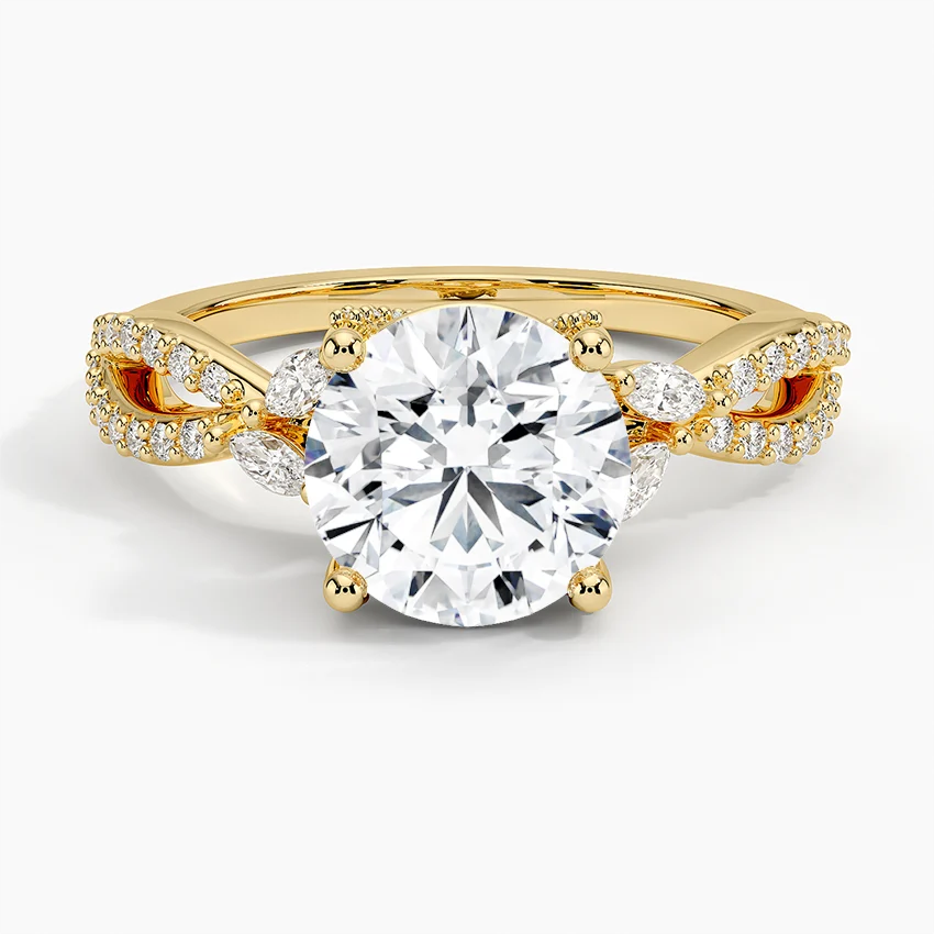 Twisted Band Round Diamond Engagement Ring, Pavé Diamond Twist Ring, Unique Bridal Ring