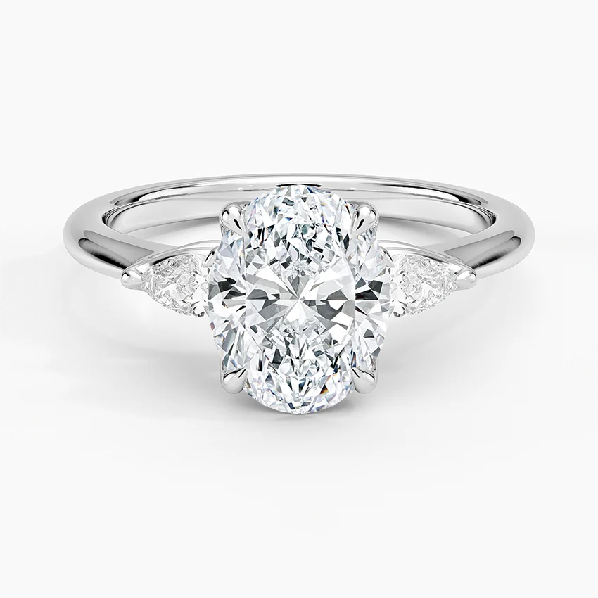 Oval Cut Three Stone Engagement Ring, Diamond Side Stones Ring, Solid Gold Ring